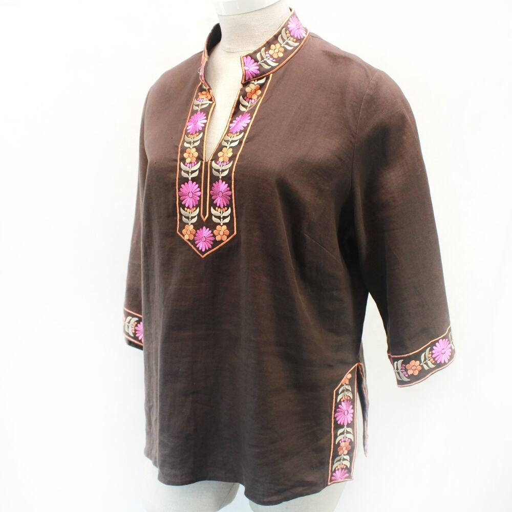 Kenar woman plus brown embroidered 100% Linen blouse tunic top slits 24W 24
